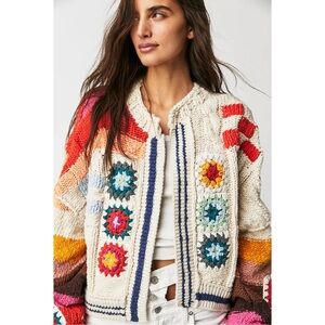 Free People Cream Multicolor Crochet Zip Cardigan